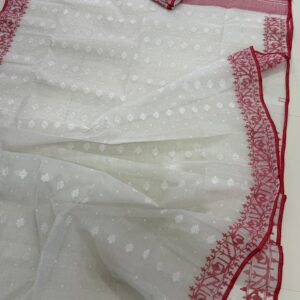 White and Red Contrasted Jamdani Saree