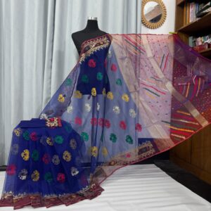 Blue red contrast jamdani saree